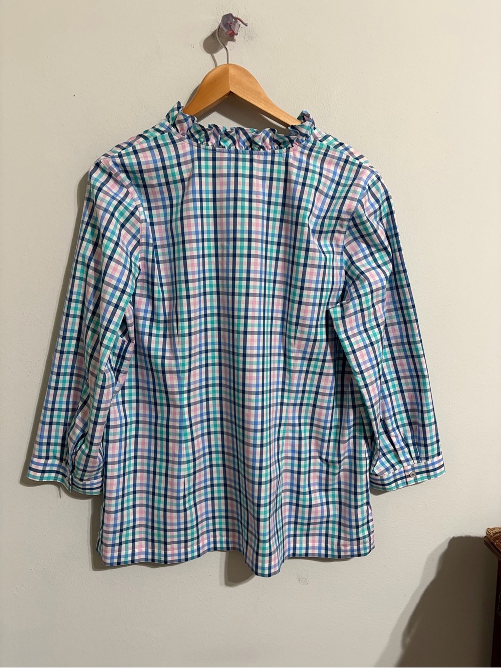 Talbots Blue Pink Plaid Ruffled Collar Tunic Gingham Popover Preppy Size 16 - Picture 5 of 8